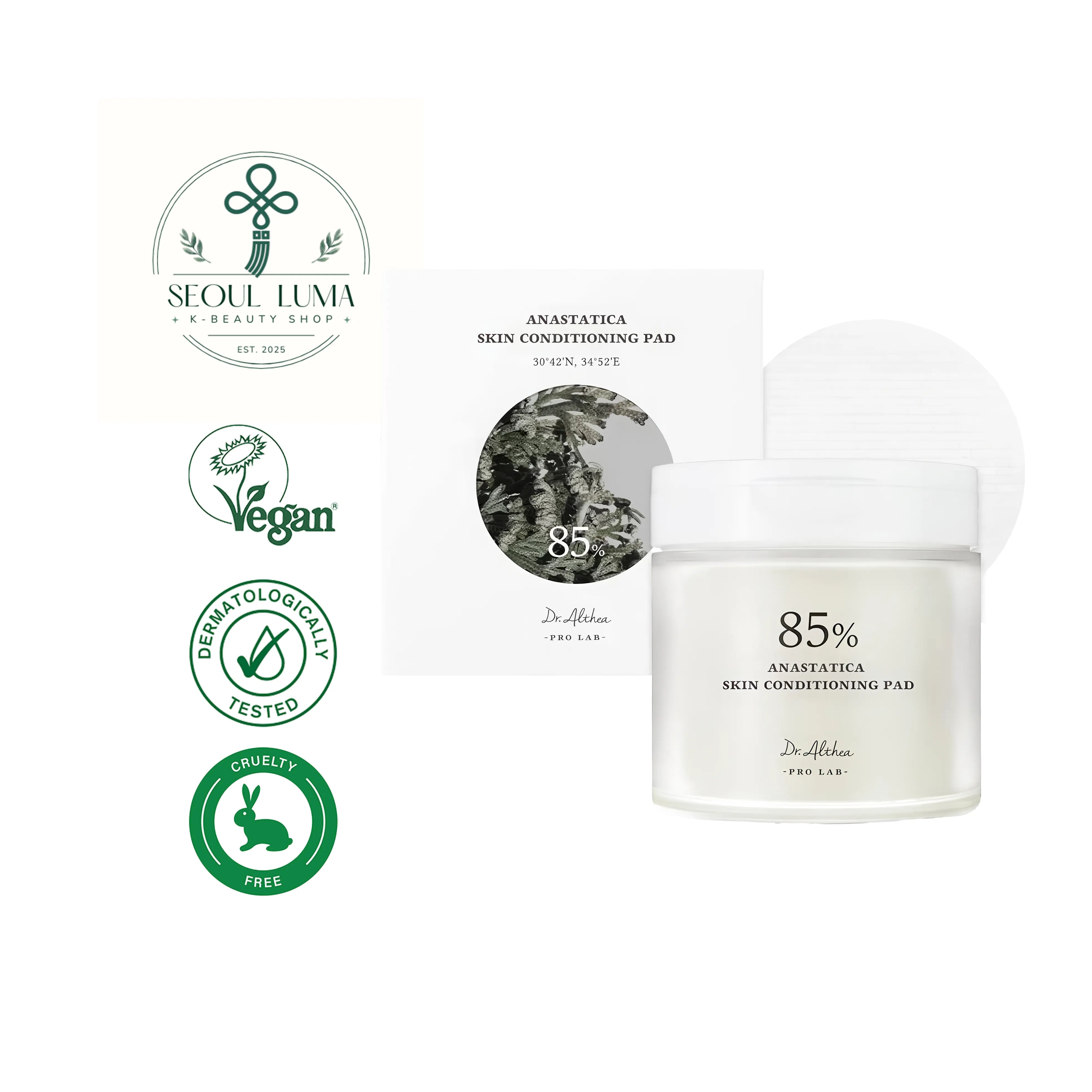 DR. ALTHEA Rehmannia Skin Conditioning Pads with dual-sided design, rehmannia root extract, and 7-type hyaluronic acid complex for gentle exfoliation and hydration